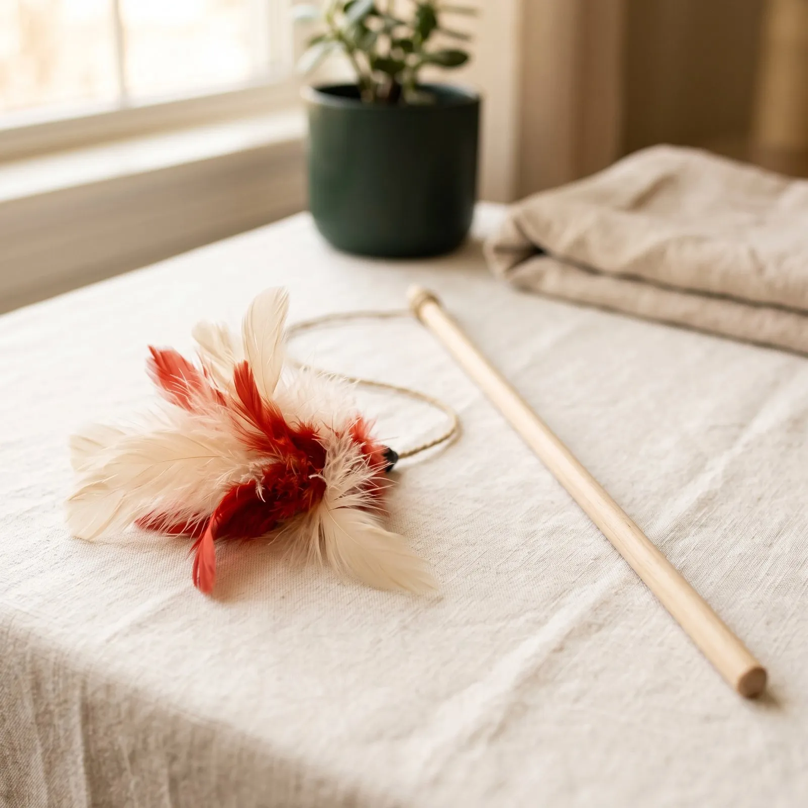Feather wand toy lying on a cream blanket