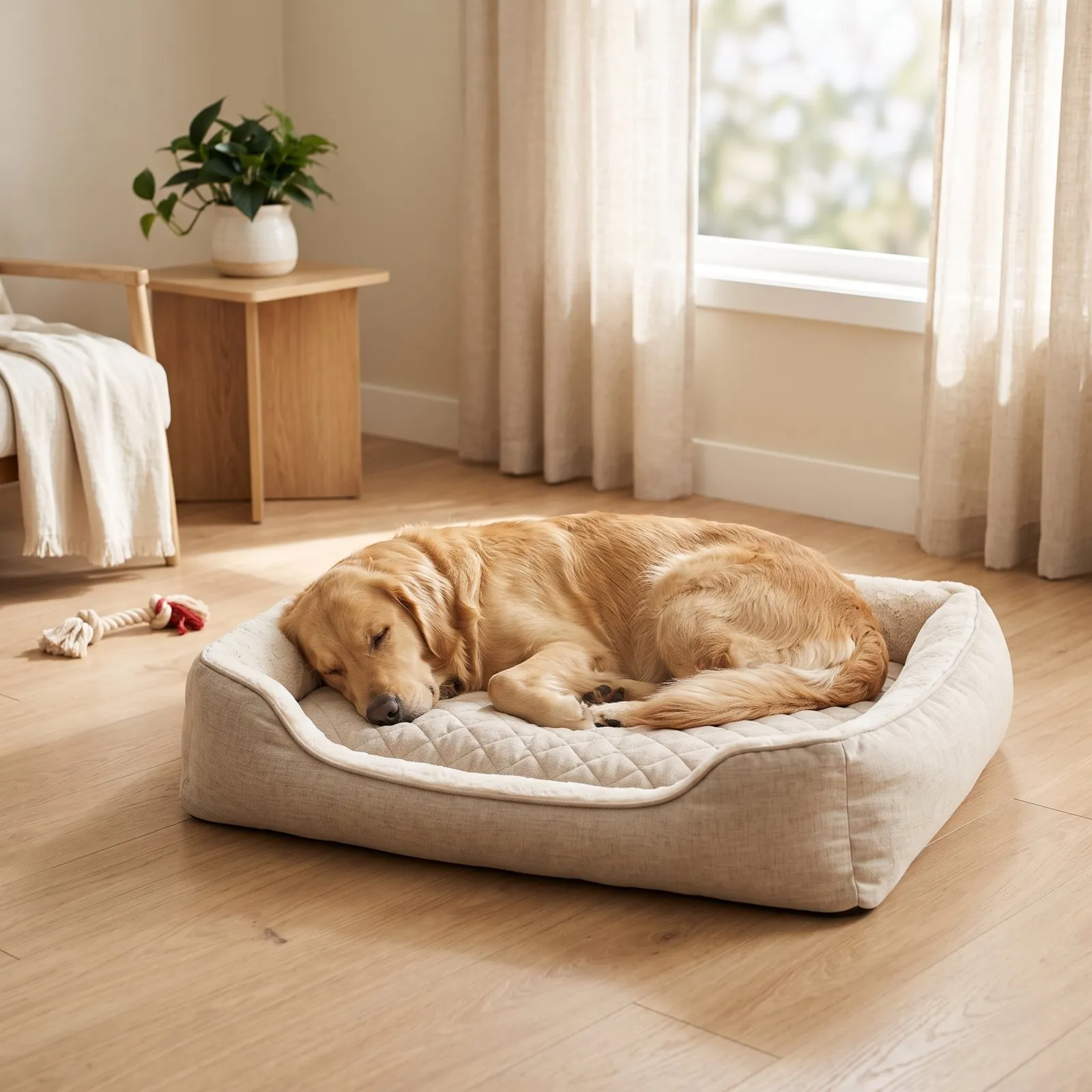 Golden retriever sleeping curled up in a beige quilted Cloud Nest dog bed on a sunny wood floor