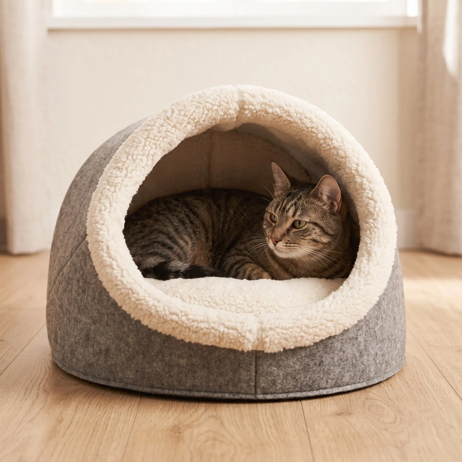 Tabby cat resting inside a gray felt Cozy Cave bed with a cream fleece lining