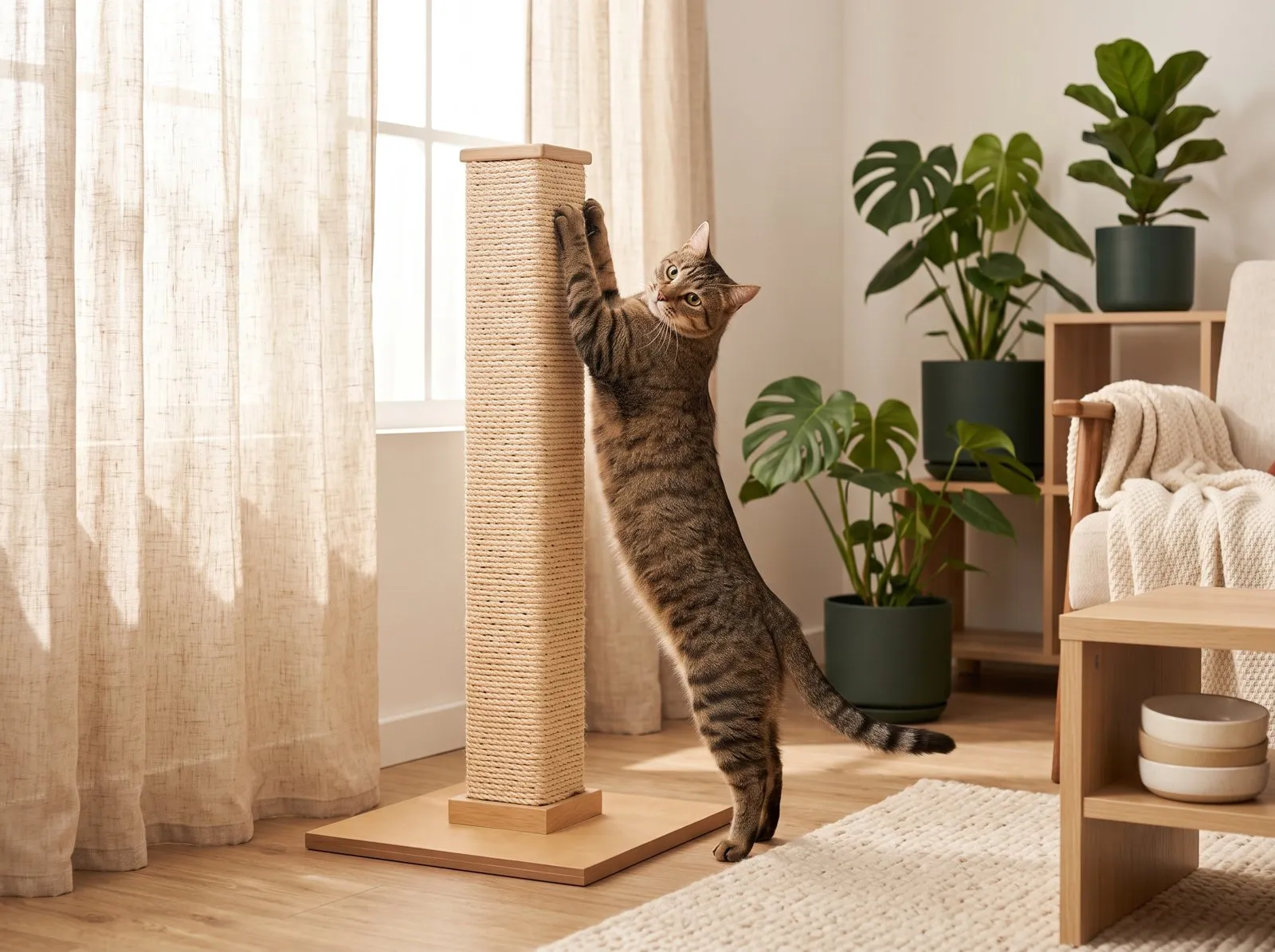 Tabby cat stretching up a sisal scratching post