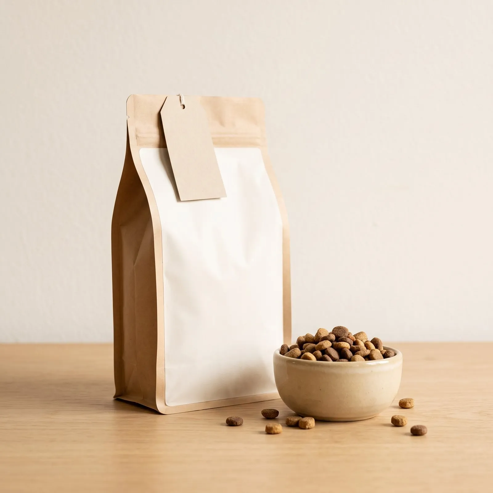Kraft and white bag of grain-free kibble next to a ceramic bowl of kibble on a wooden table