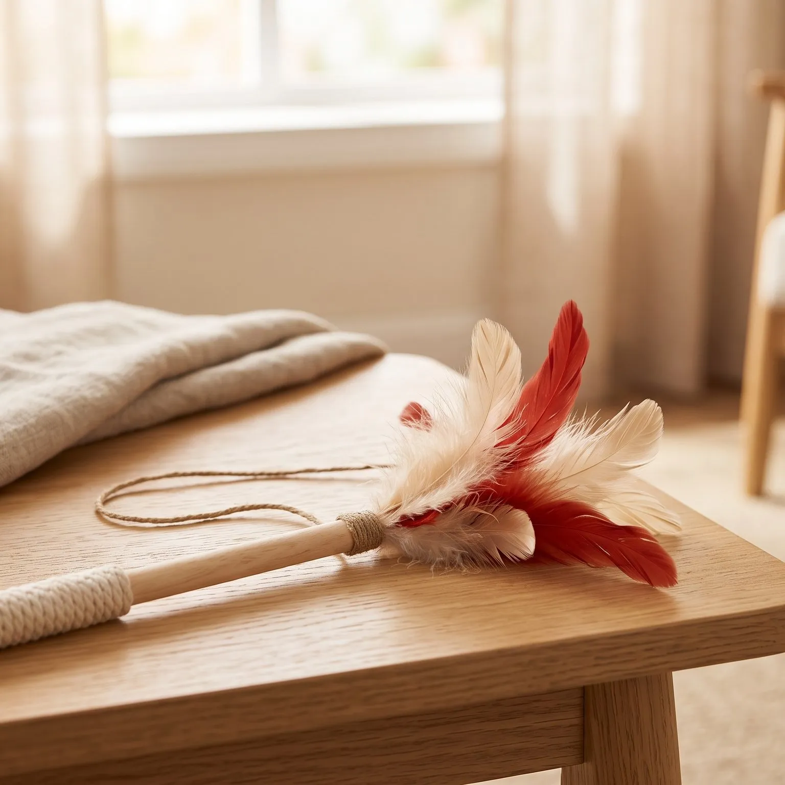 Feather wand with a wrapped grip resting on a wooden table