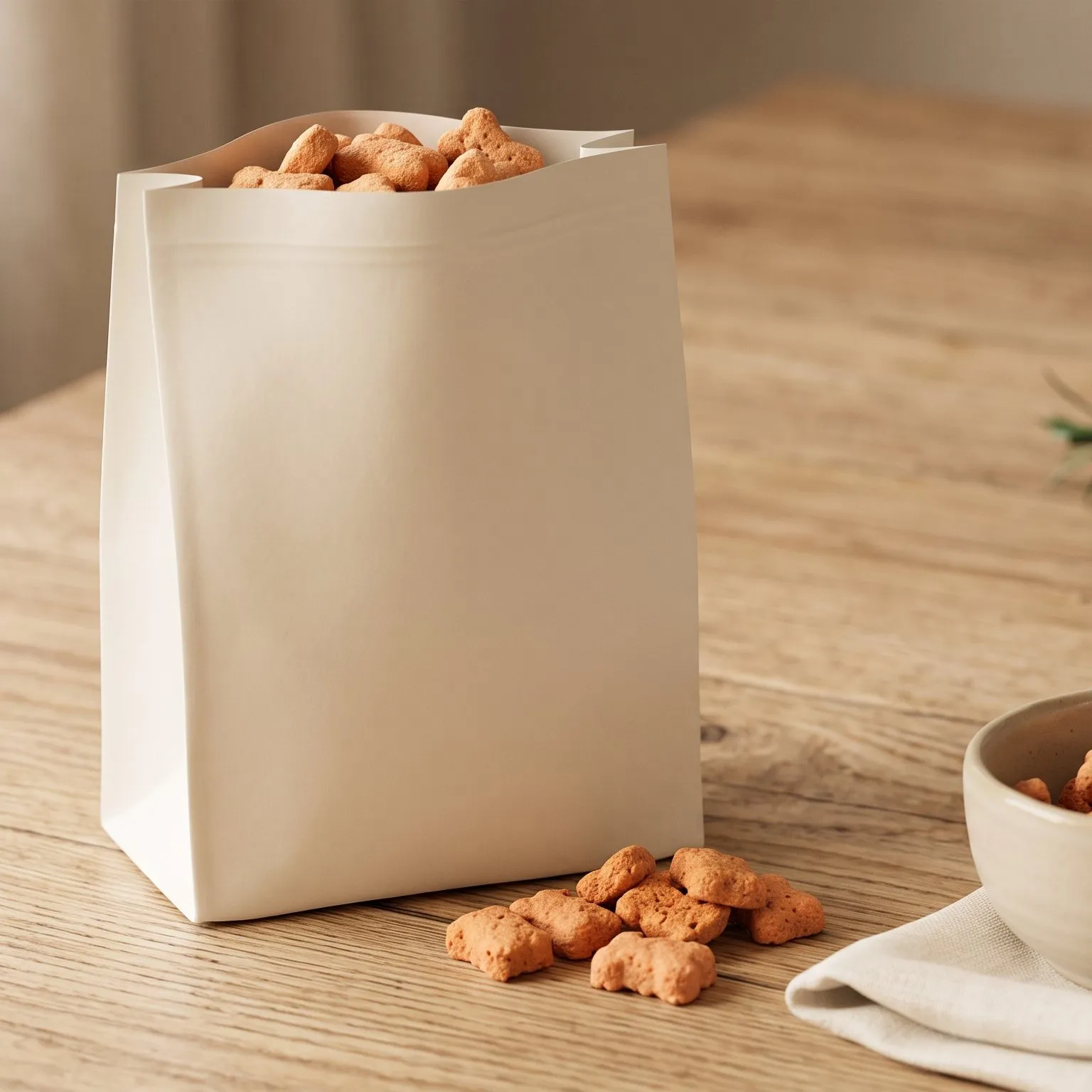 Cream paper bag of salmon crunch bites with a few bites scattered on a wooden table